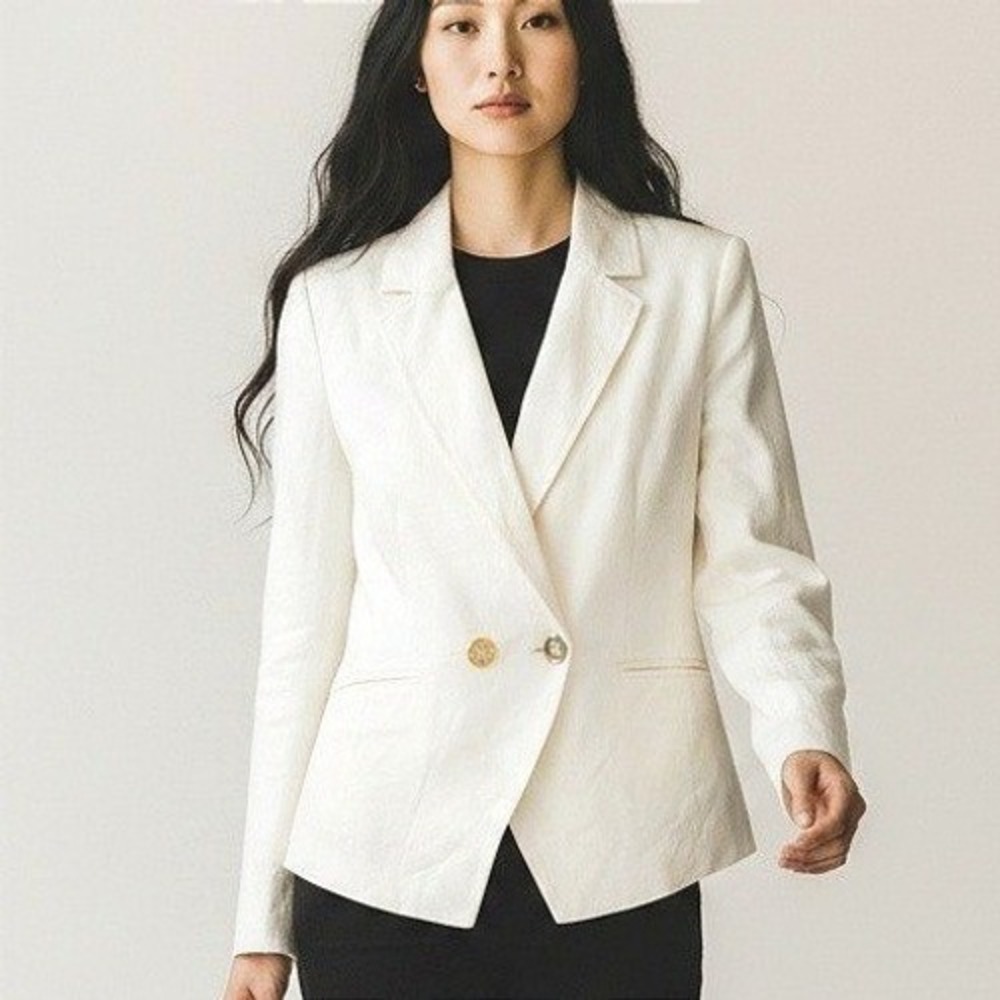 Chico's Clean Blazer LS Silk Jacket Alabaster White Gold Button Size 1 New